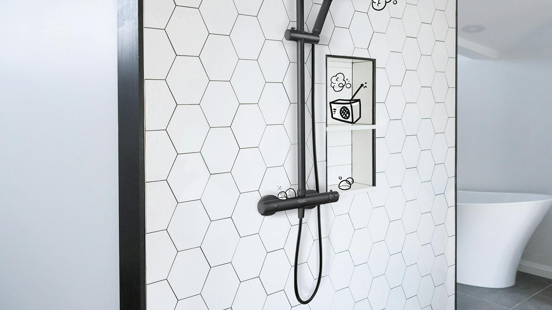 Dusche mit baliv Thermostat in schwarz