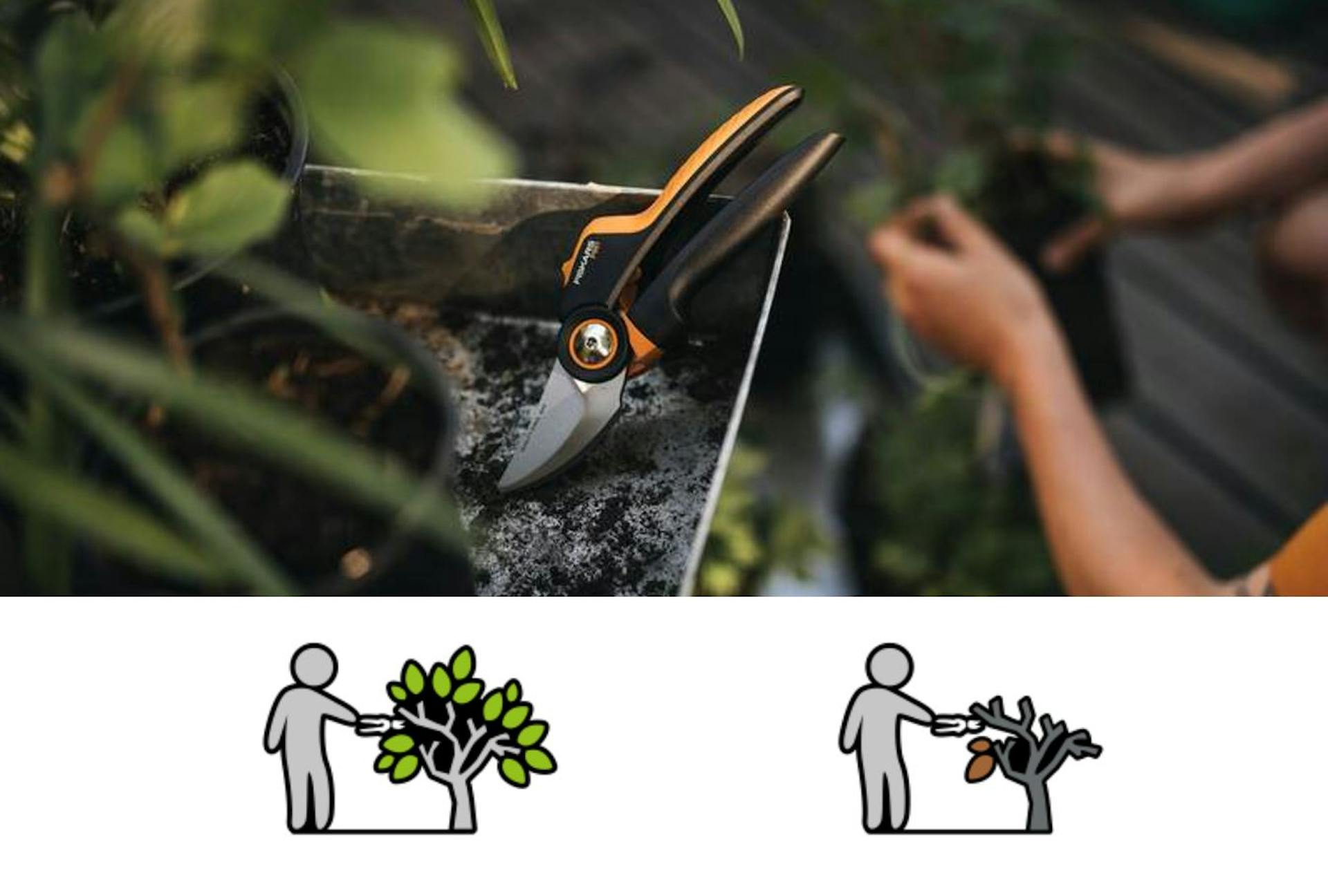 Fiskars Gartenscheren zum Schneiden von grünem, frischem Holz bzw. totem und harten Holz