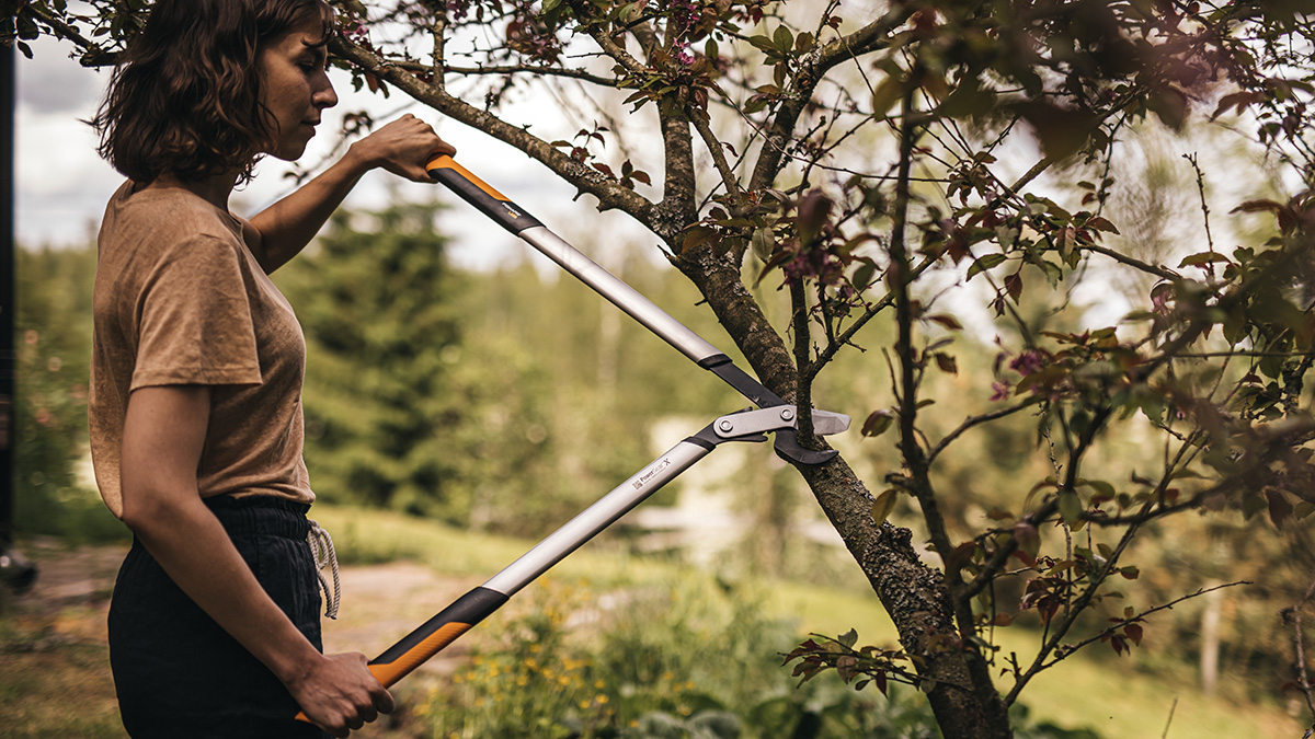 Eine Frau nutzt eine Fiskars Baumschere