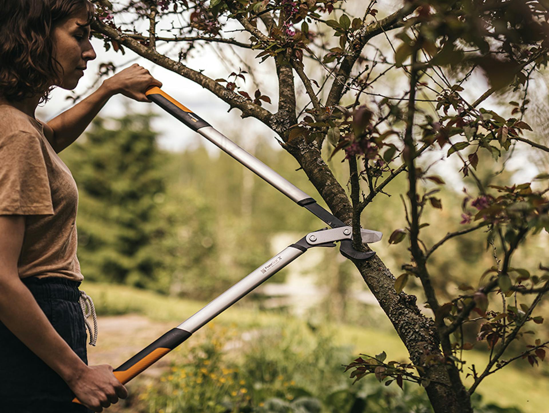 Eine Frau nutzt eine Fiskars Baumschere