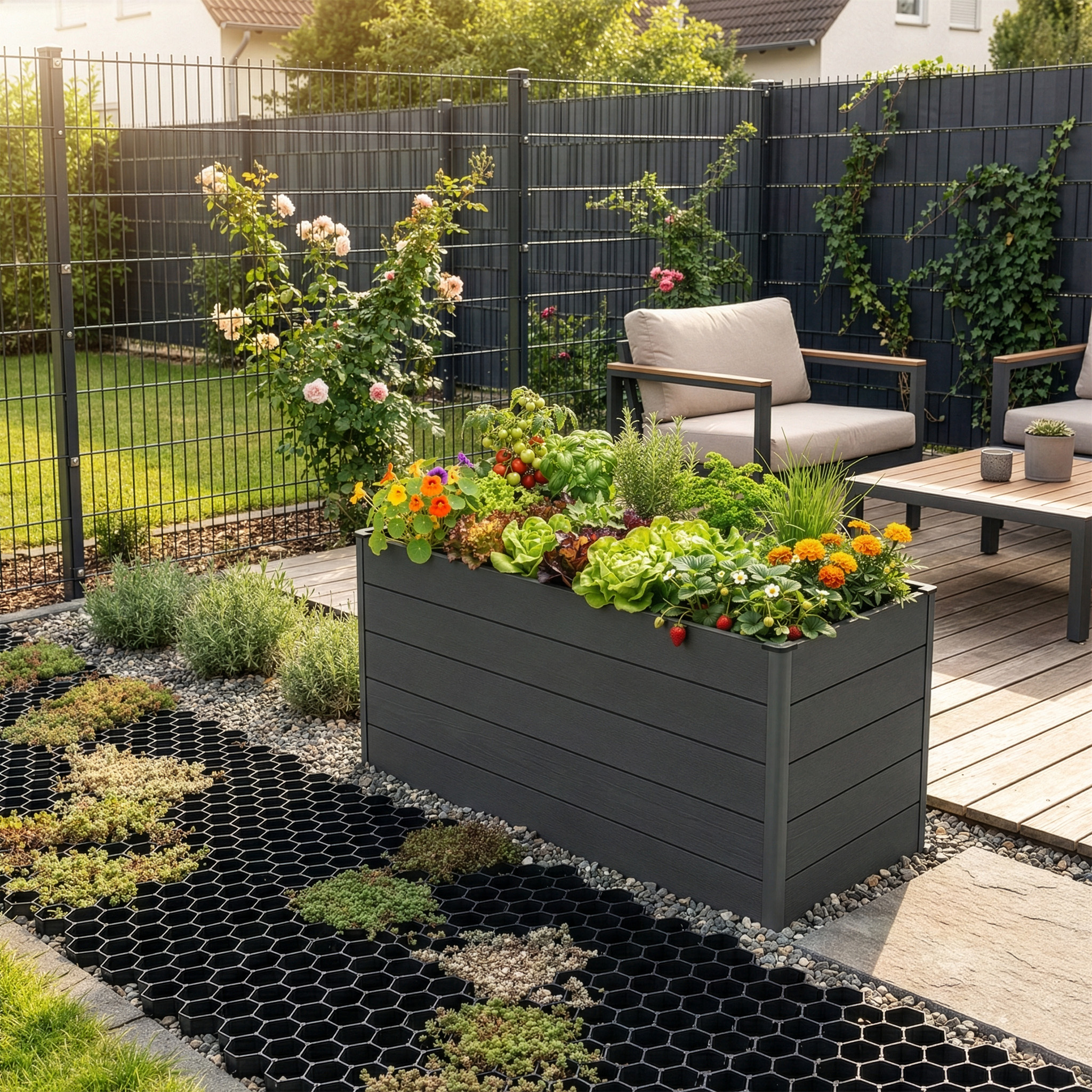 Terrasse mit Hochbeet und Gartenmöbeln