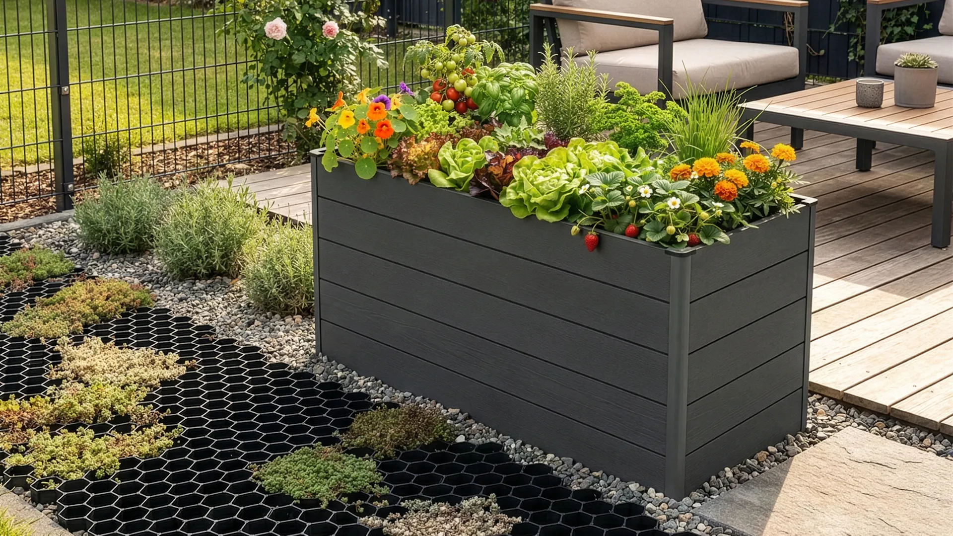 Terrasse mit Hochbeet und Gartenmöbeln