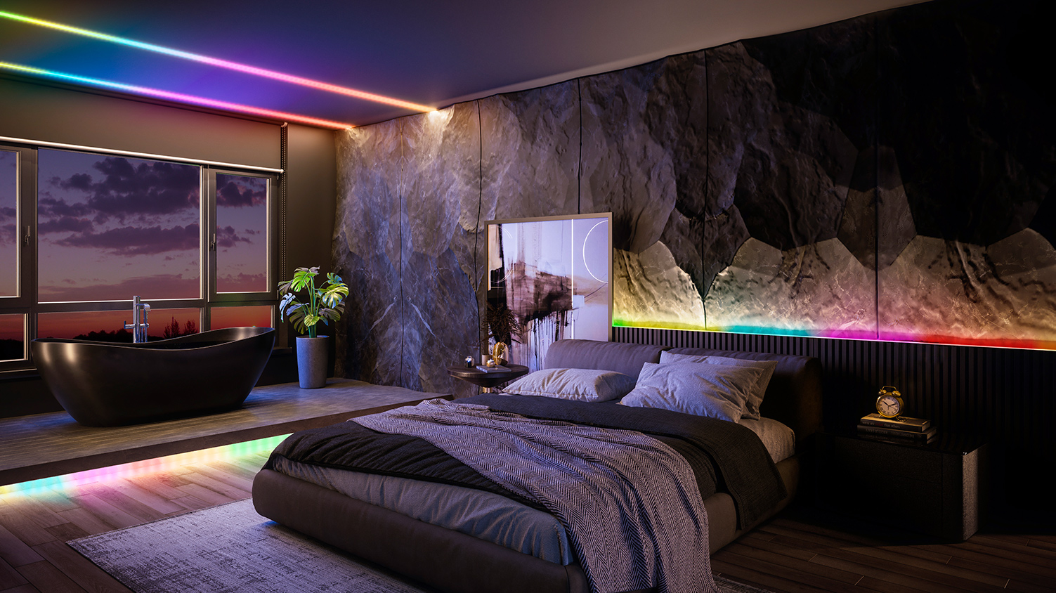 Bunt ausgeleuchtetes Schlafzimmer