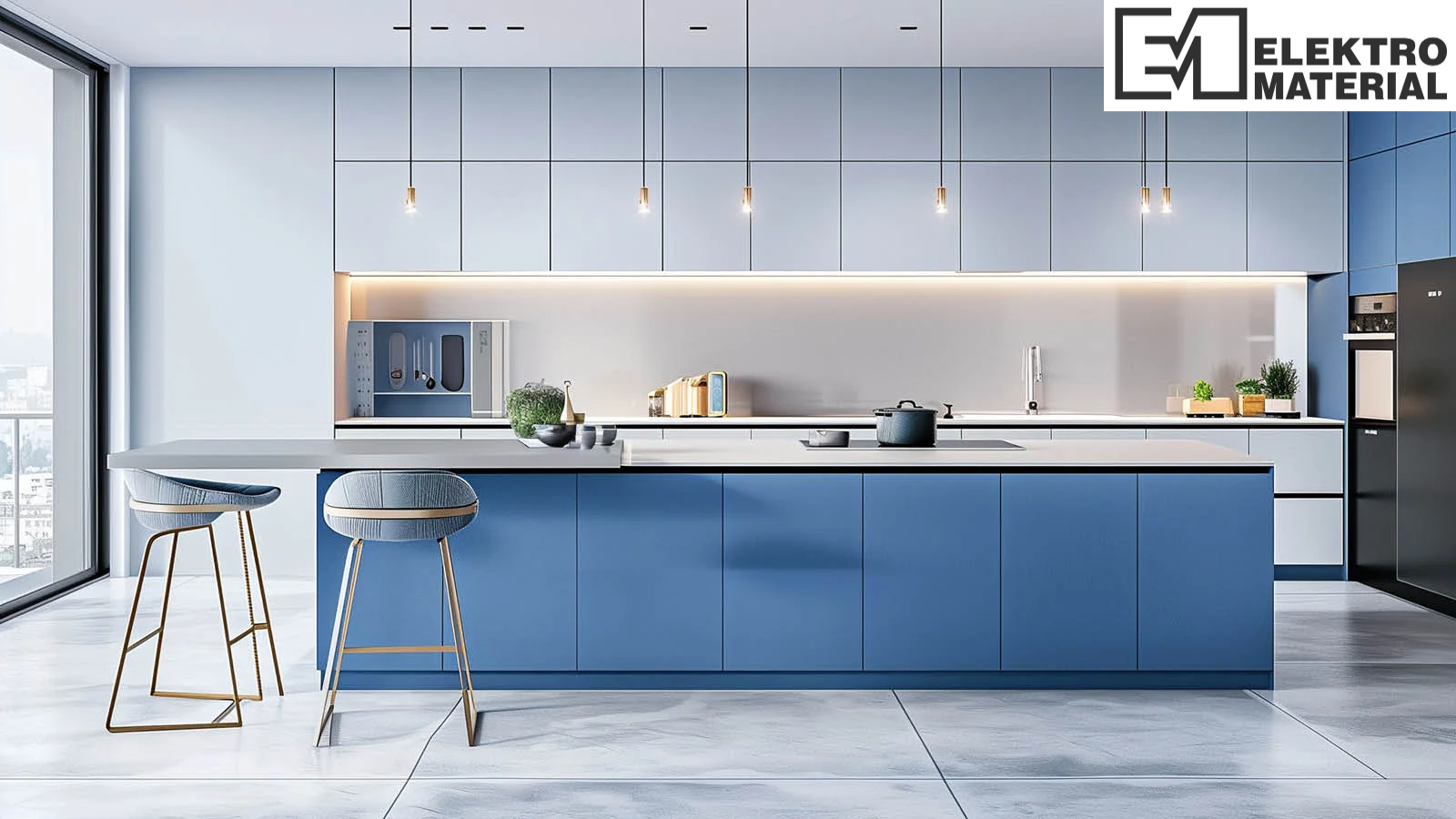 Elektromaterial Headermotiv mit blauer Küche und Logo 