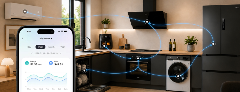 Midea Smart Home Smartphone mit App und vernetzte Küche im Hintergrund