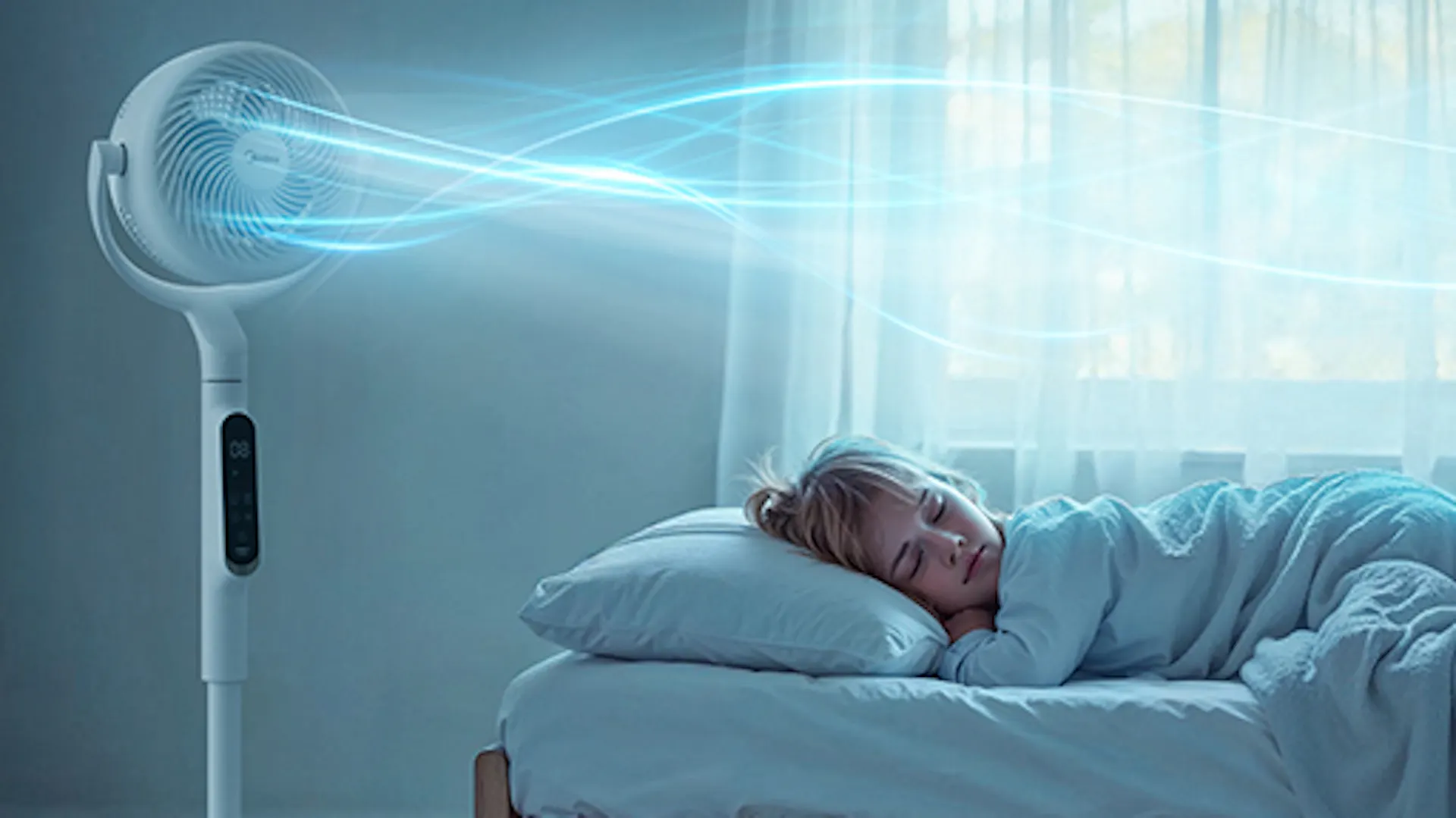 Midea Ventilator im Schlafzimmer mit schlafendem Mädchen