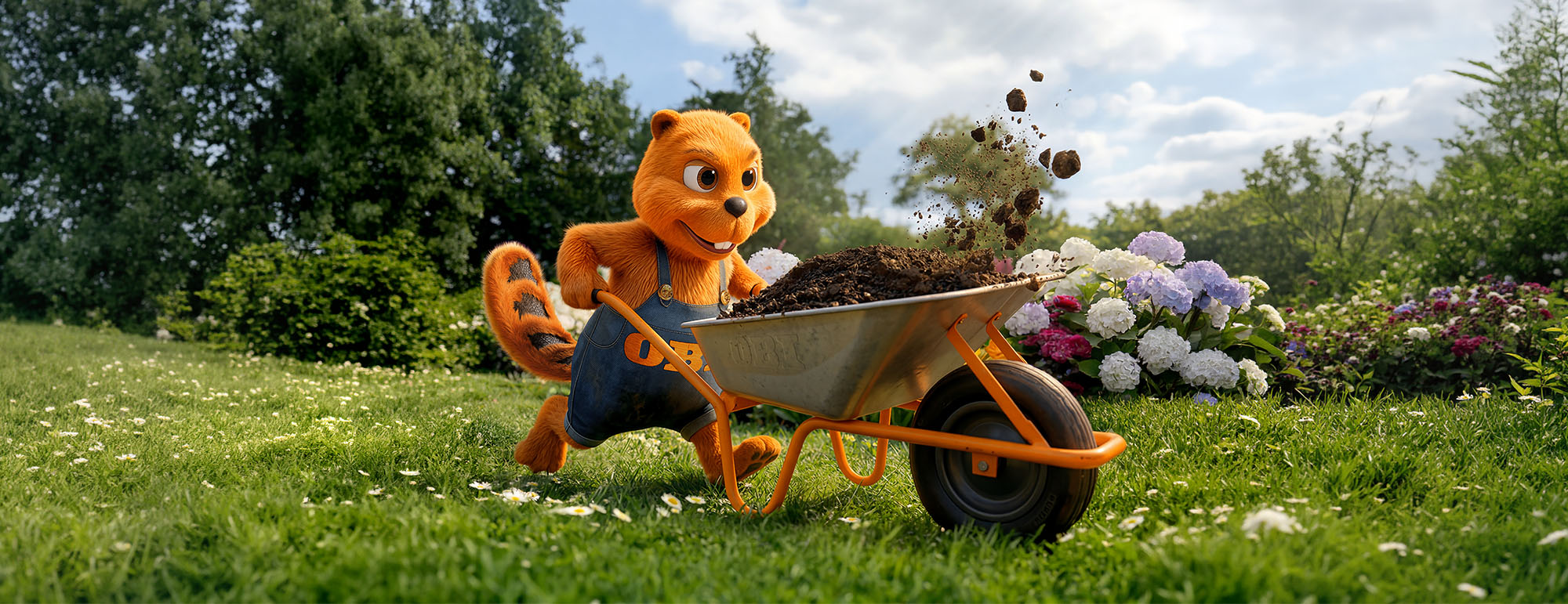 Biber mit Schubkarre im Garten