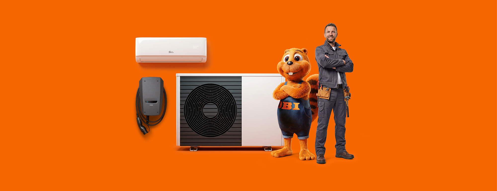 Klimaanlage, Wärmepumpe, Wallbox mit Biber und Mann auf orangenem Hintergrund