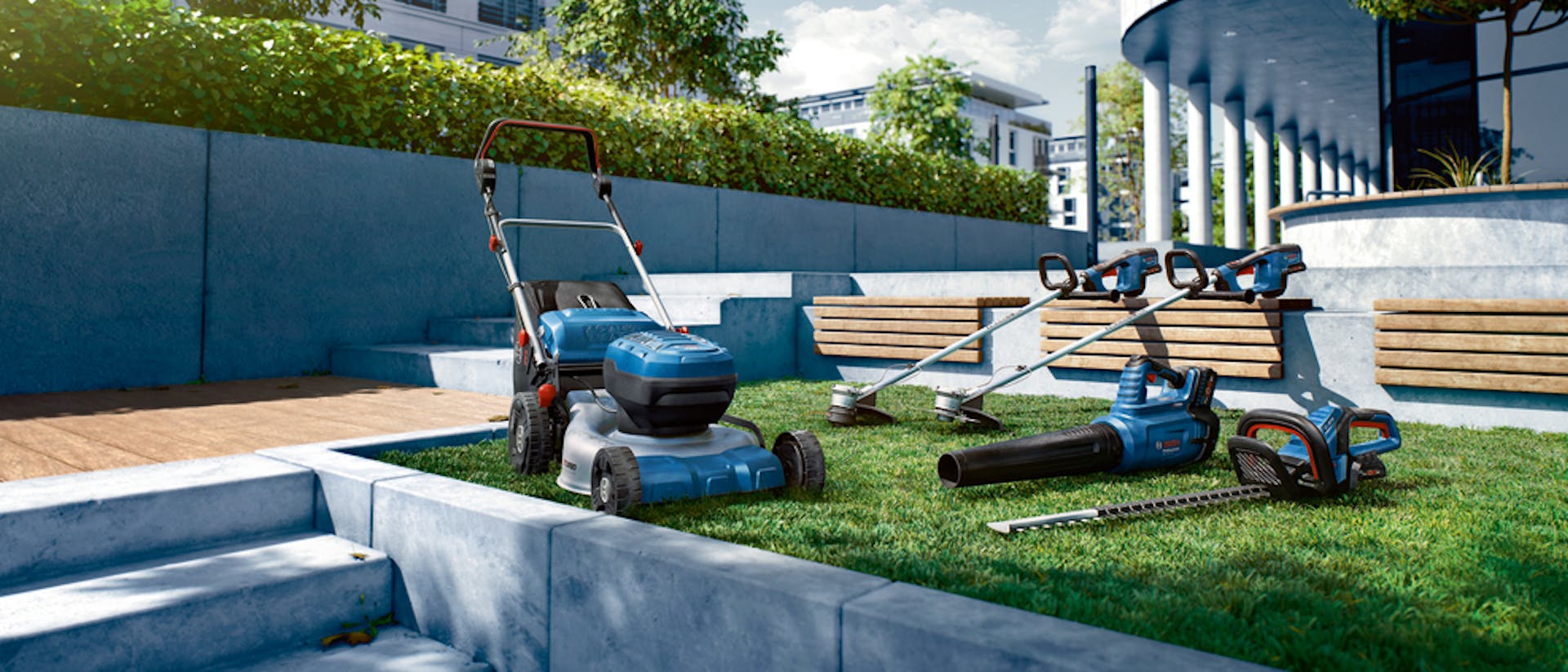 Bosch Professional Gartengeräte Sammlung aus Rasenmäher, Rasentrimmer, Laubbläser und Heckenschere