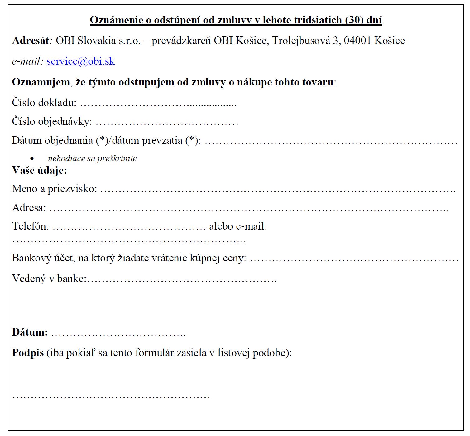 Oznámenie o odstúpení od zmluvy v lehote tridsiatich (30) dní