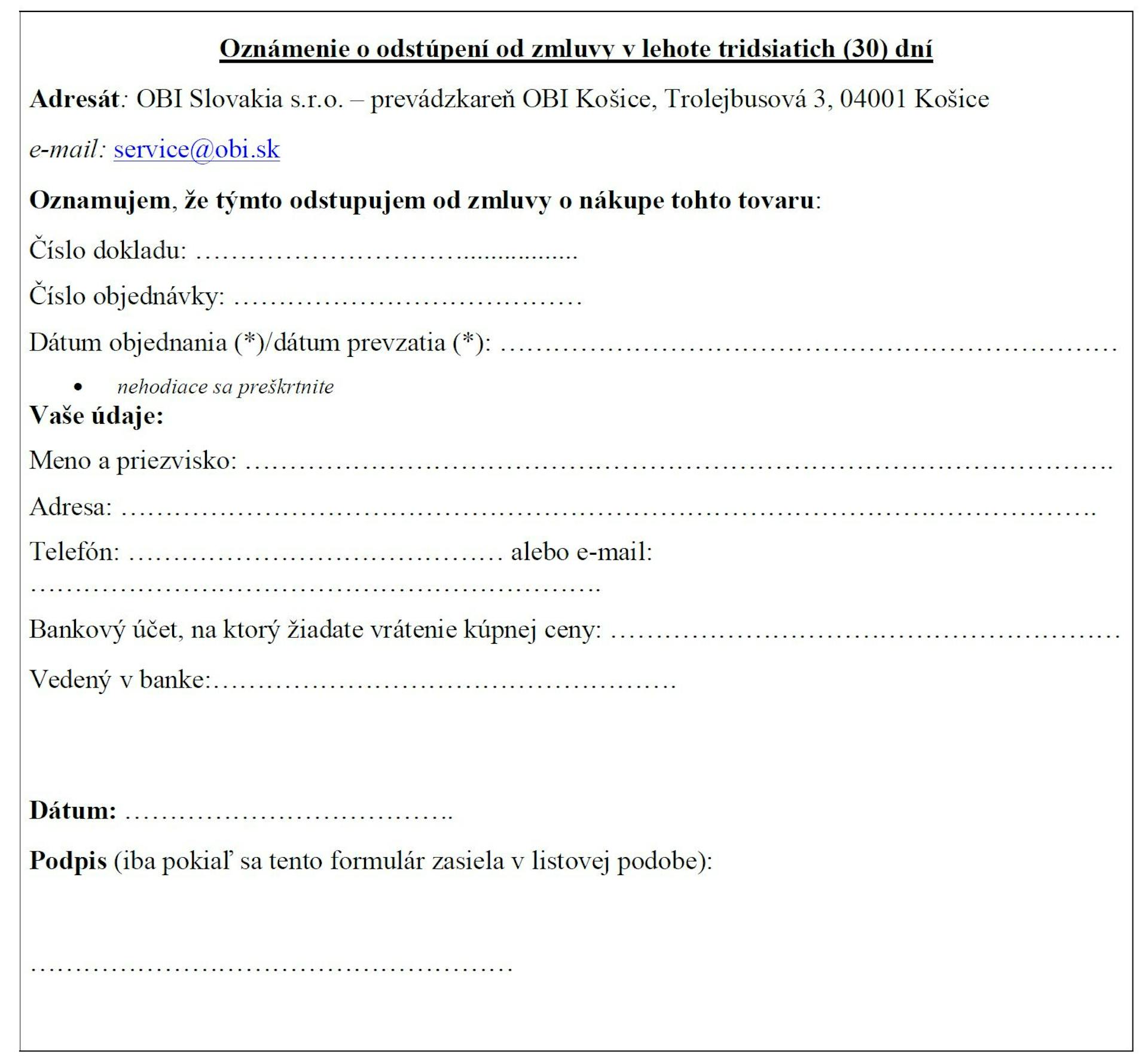 Oznámenie o odstúpení od zmluvy v lehote tridsiatich (30) dní