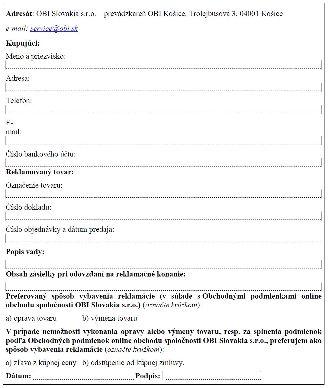 Vzorový reklamačný formulár