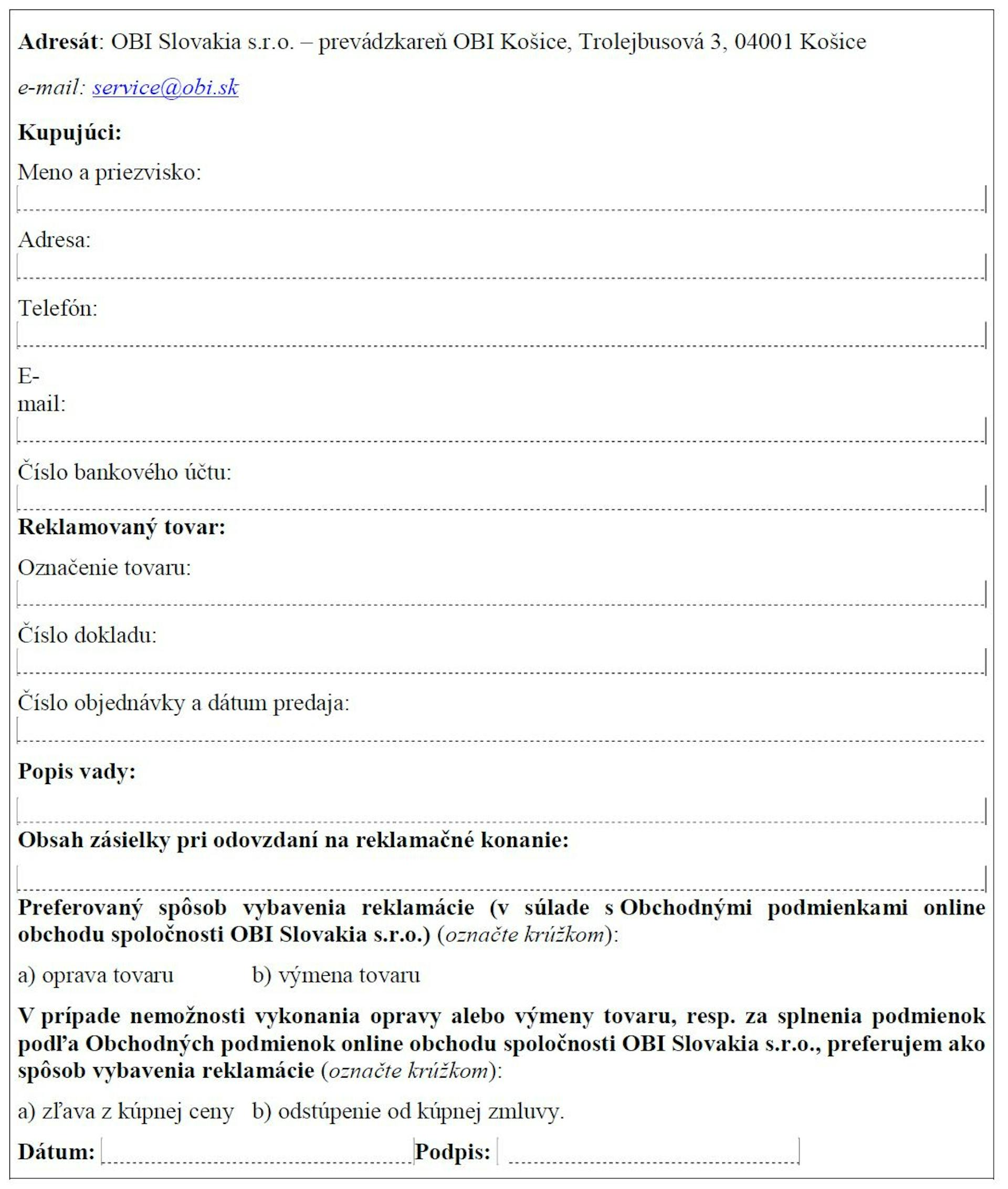 Vzorový reklamačný formulár
